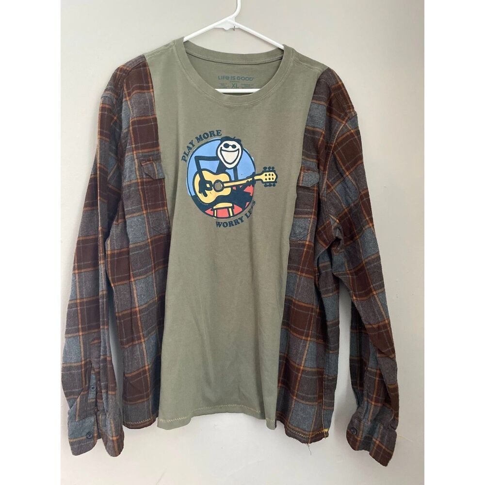 Play More, Worry Less Guitar, Life is Good Upcycled Flannel